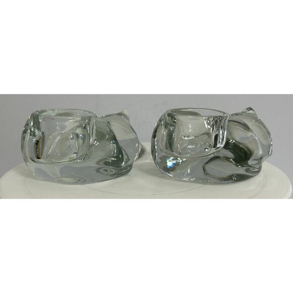 Vintage Sleeping Cat Clear Candle Holder Set Of 2 Indiana Glass Made In U.S.A - Picture 8 of 12